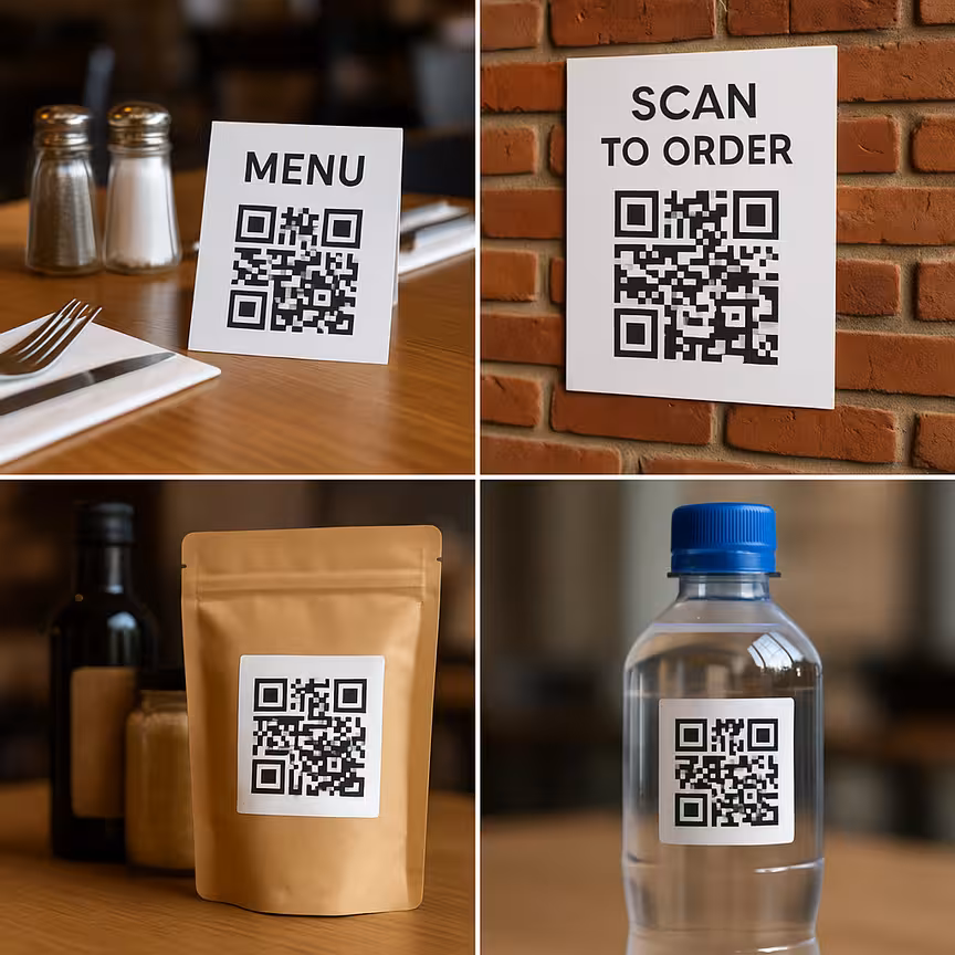 Verschiedene QR-Codes auf Restauranttischen, Postern und Produktverpackungen