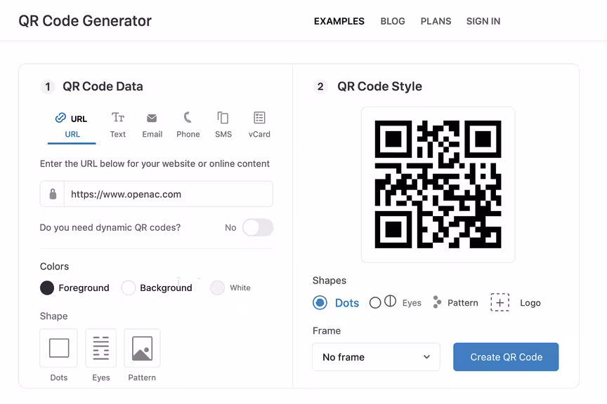 Screenshot einer QR-Code-Generator-Oberfläche, die Optionen zur Erstellung individueller QR-Codes zeigt