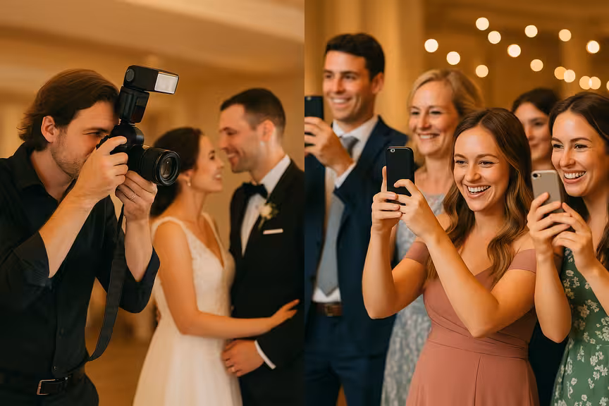 Geteiltes Bild zeigt professionellen Hochzeitsfotografen links beim Aufnehmen gestellter Fotos und Hochzeitsgäste rechts beim Machen spontaner Fotos mit Handys